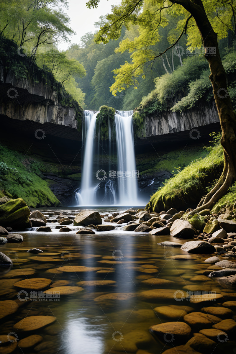 高清大图下载【趣麦麦图】森林中瀑布与溪流自然景观