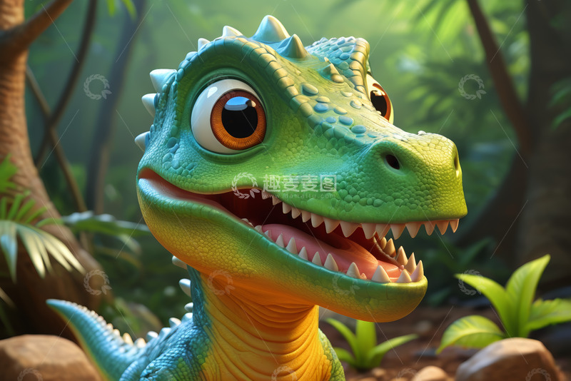 高清大图下载【趣麦麦图】卡通恐龙于丛林的可爱形象