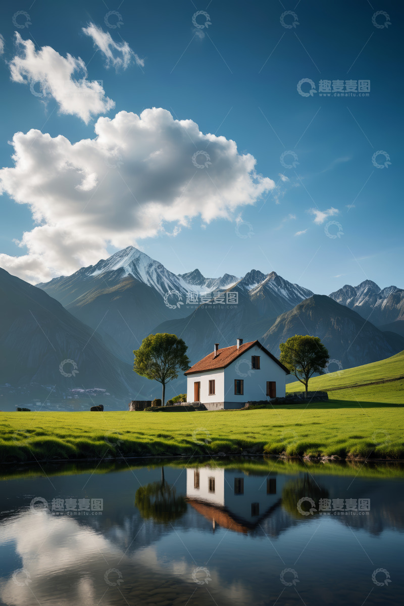 高清大图下载【趣麦麦图】山间湖畔小屋自然风光