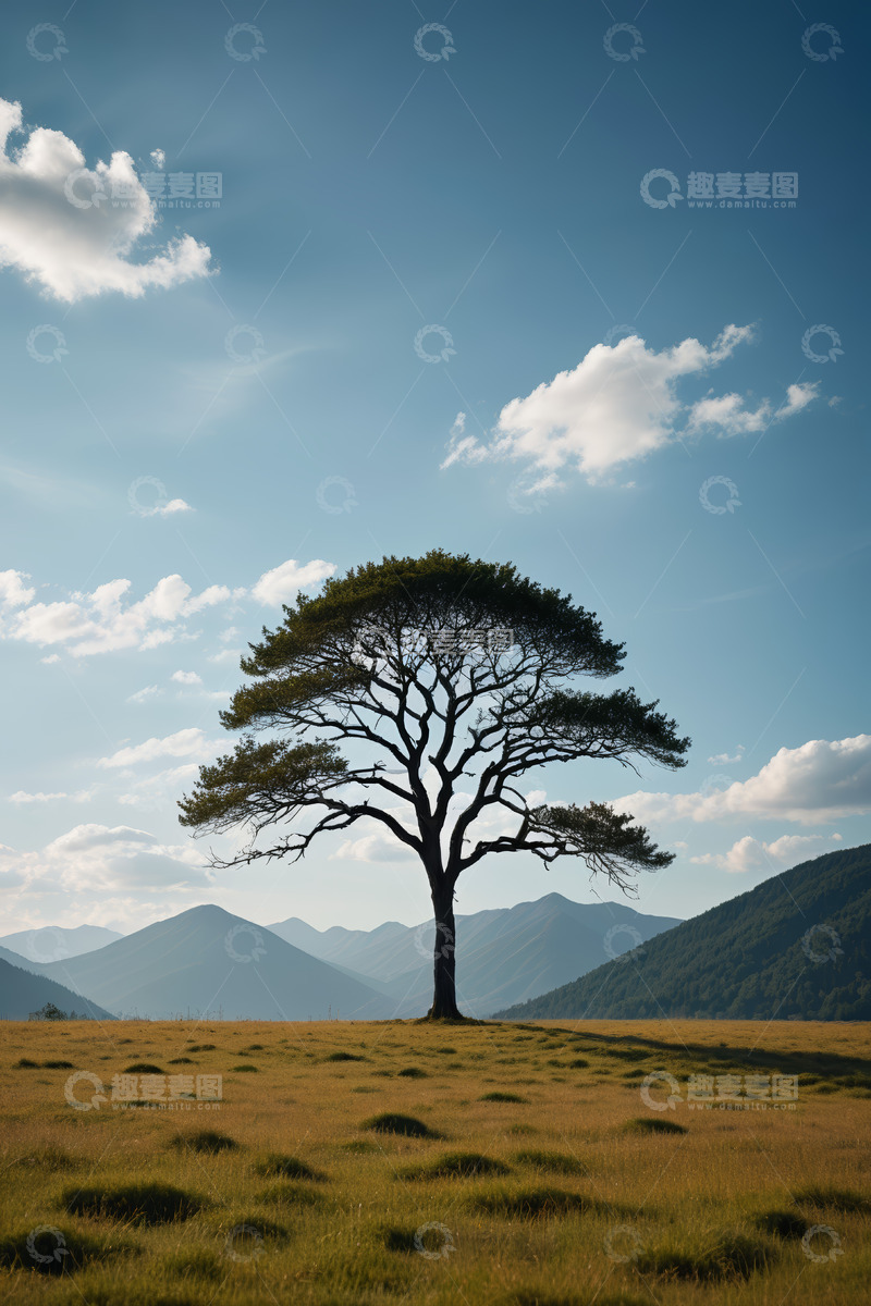 高清大图下载【趣麦麦图】旷野中的孤树与远山