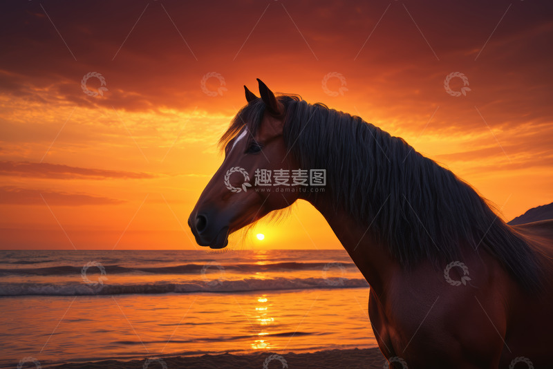 高清大图下载【趣麦麦图】夕阳下海边的骏马