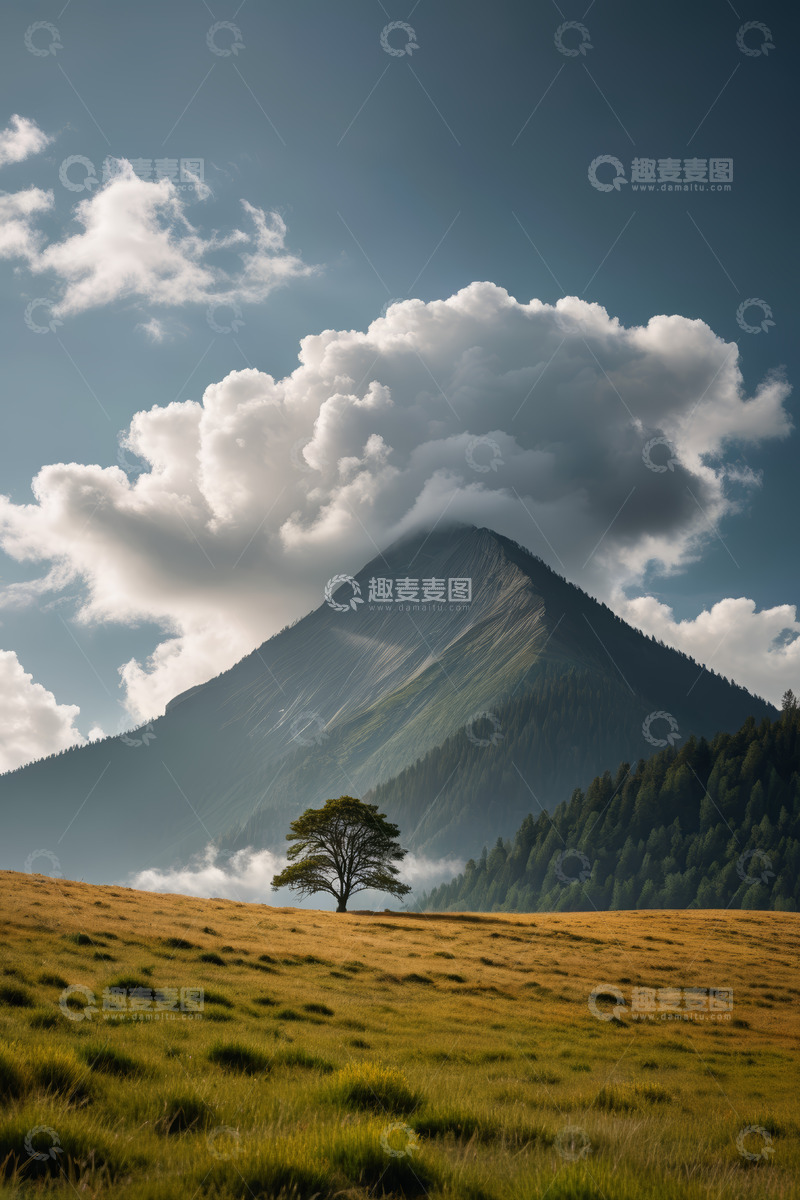 高清大图下载【趣麦麦图】草原孤树与远山白云景观