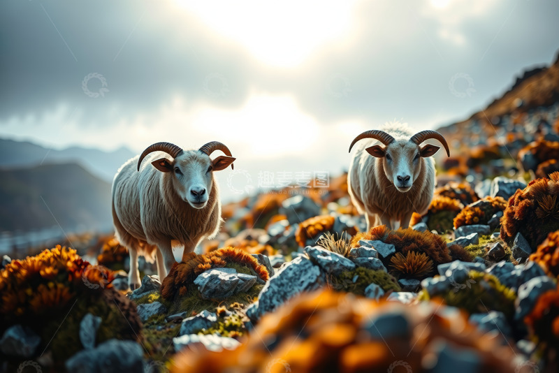 高清大图下载【趣麦麦图】山坡上的两只长角羊