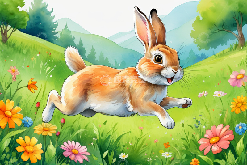 高清大图下载【趣麦麦图】草地上跳跃的卡通兔子