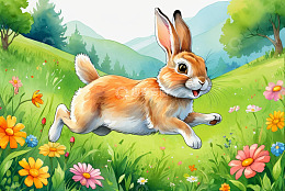 草地上跳跃的卡通兔子