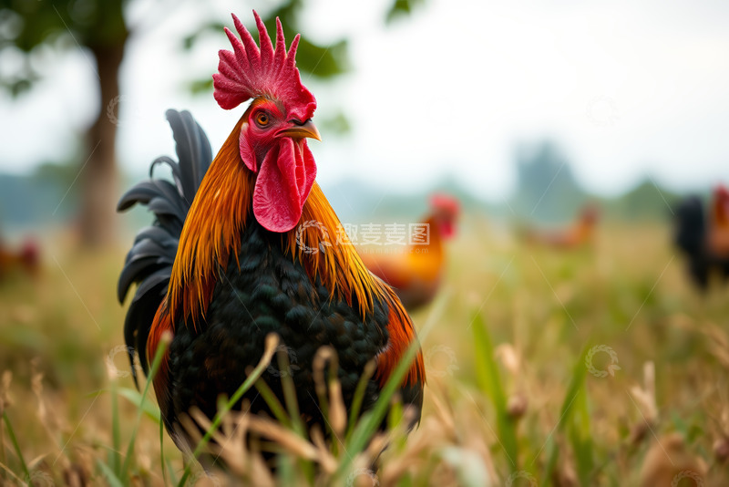 高清大图下载【趣麦麦图】田野中的色彩斑斓公鸡