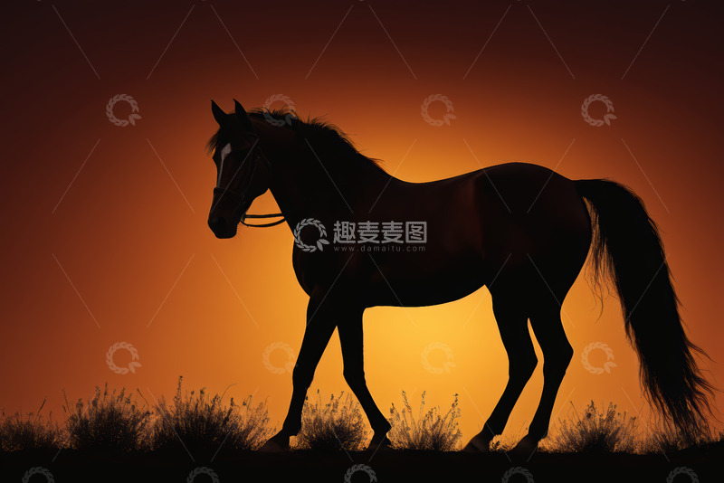 高清大图下载【趣麦麦图】夕阳下行走的马