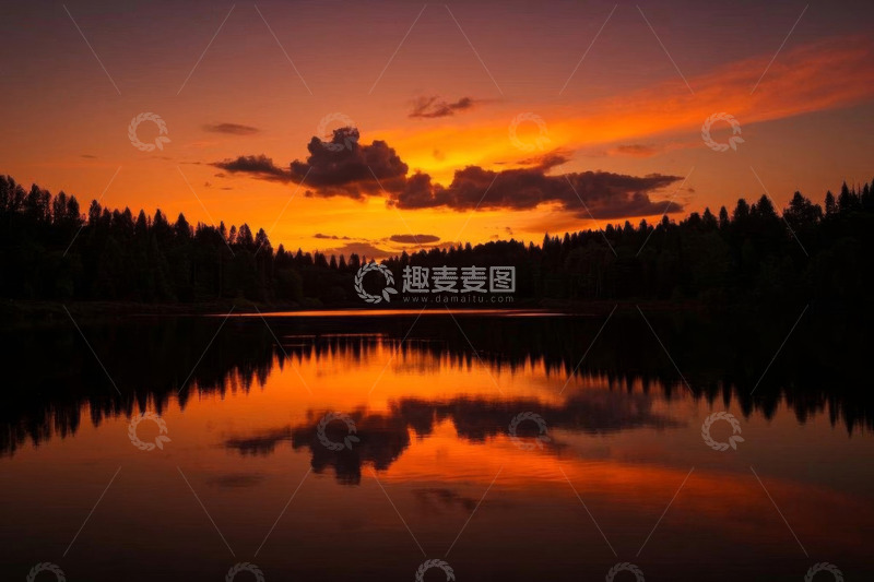 高清大图下载【趣麦麦图】湖畔日落森林倒影风景