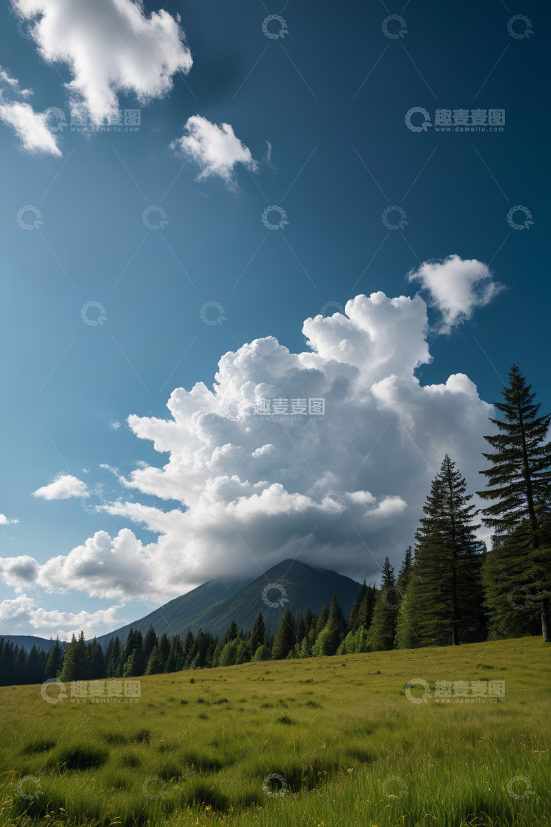 高清大图下载【趣麦麦图】山间草地森林与蓝天白云景观
