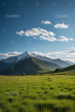 草原远景雪山蓝天白云风景