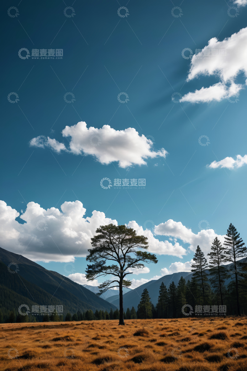 高清大图下载【趣麦麦图】旷野孤树与蓝天白云山景
