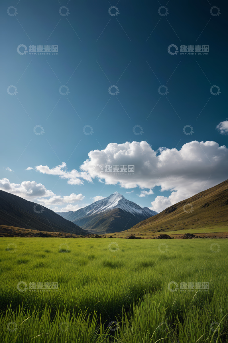 高清大图下载【趣麦麦图】草原雪山与蓝天白云风景