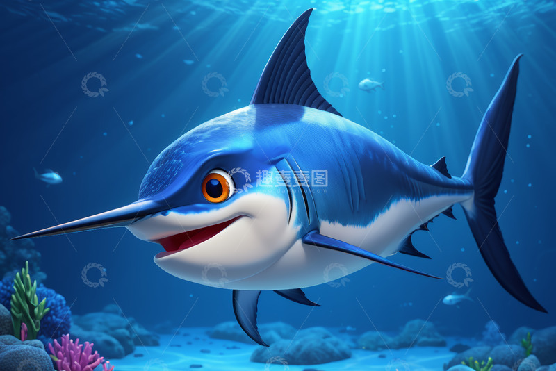 高清大图下载【趣麦麦图】卡通剑鱼在海底游动