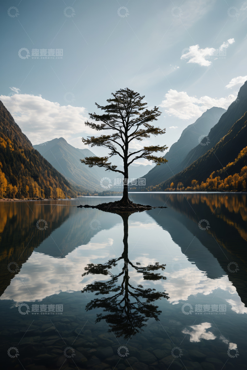 高清大图下载【趣麦麦图】湖心孤树山水自然风光