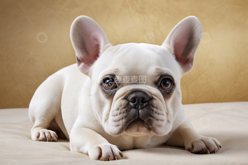 高清大图下载【趣麦麦图】趴着的白色法国斗牛犬