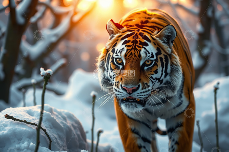 高清大图下载【趣麦麦图】雪地中行走的老虎