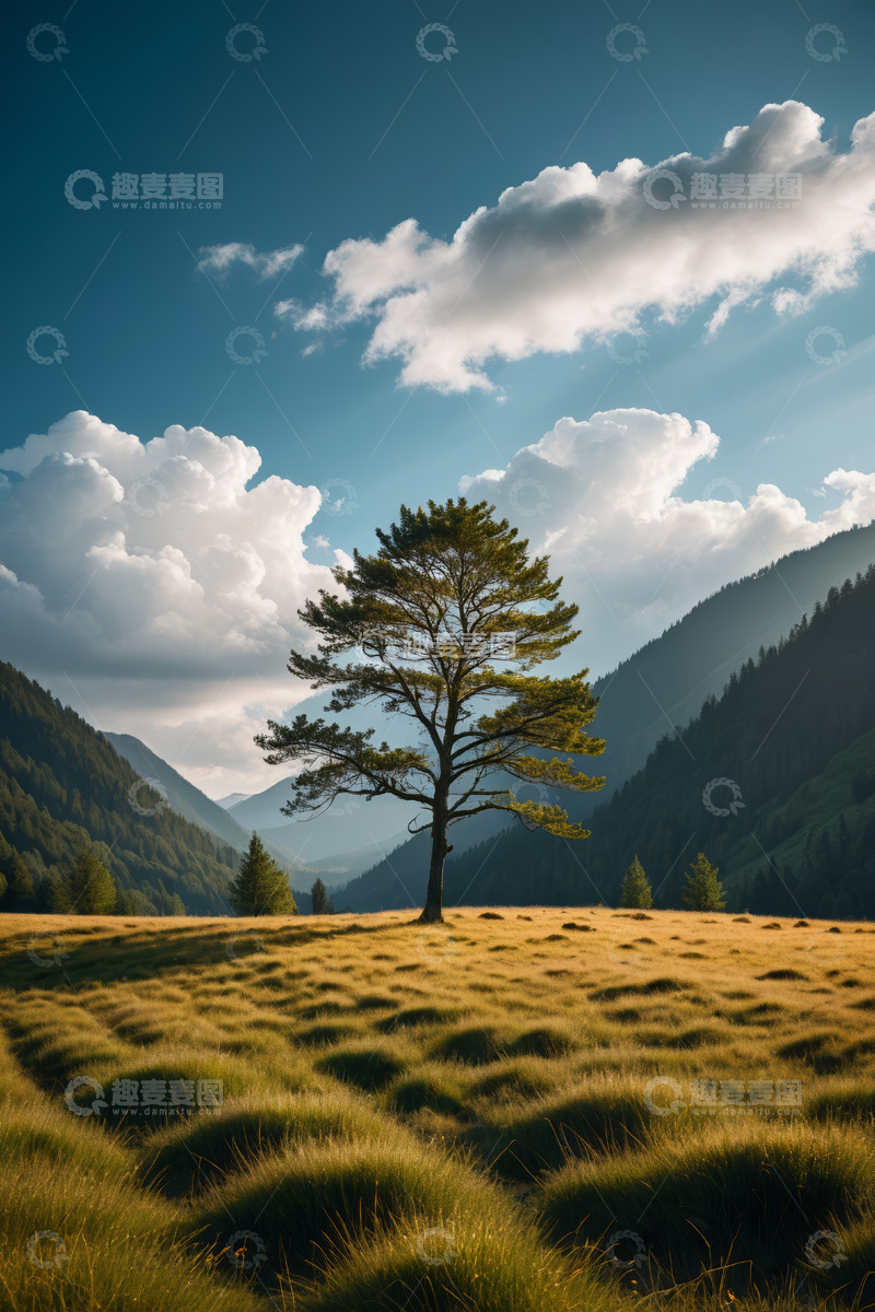 高清大图下载【趣麦麦图】山间草地孤树自然风光