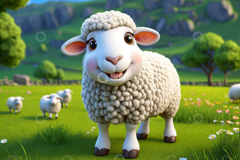 高清大图下载【趣麦麦图】卡通绵羊在草地田园场景