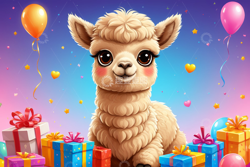 高清大图下载【趣麦麦图】可爱羊驼与礼物气球画面
