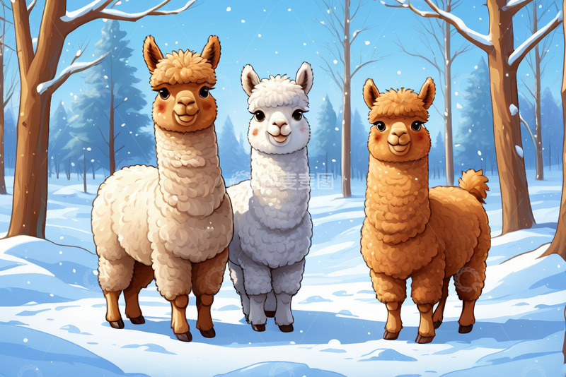 高清大图下载【趣麦麦图】雪地中站立的三只羊驼