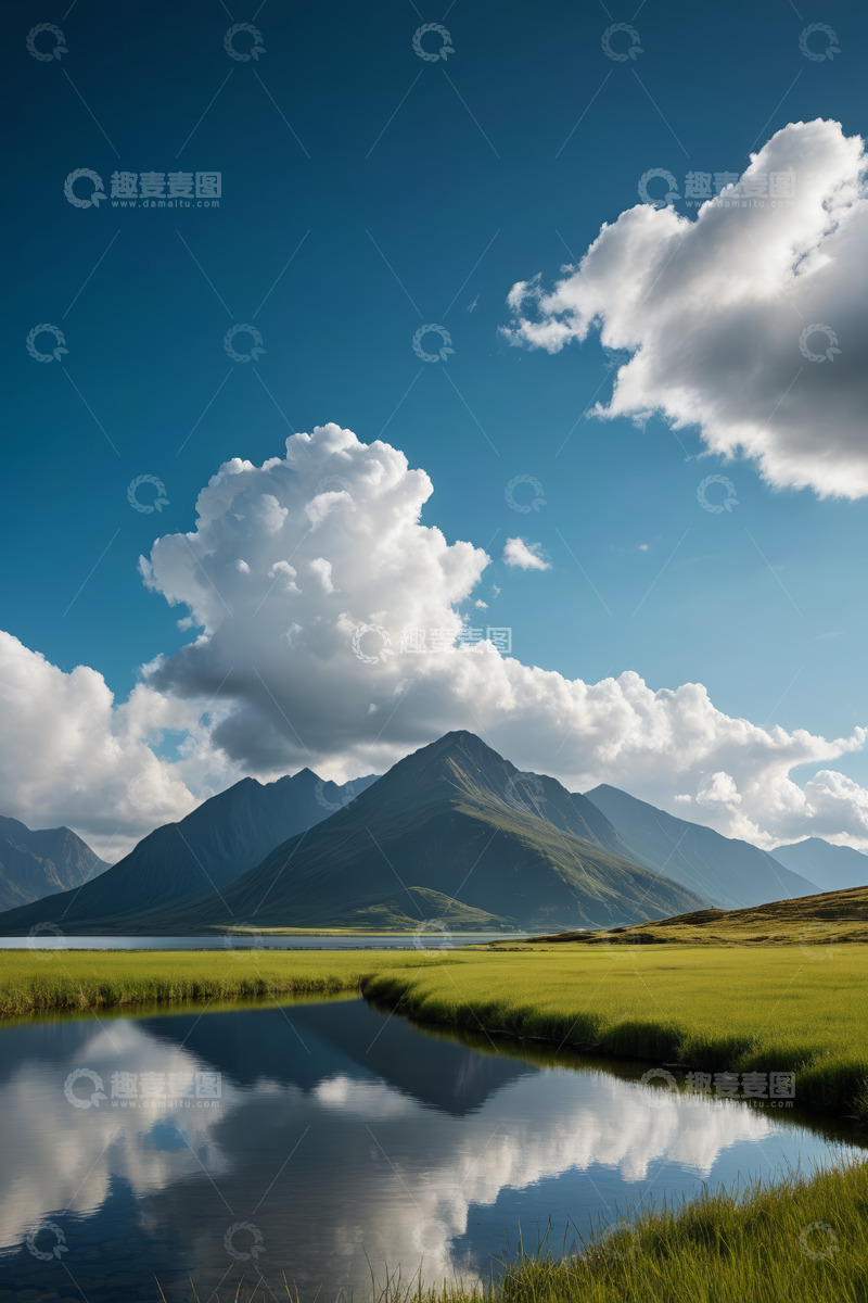 高清大图下载【趣麦麦图】蓝天白云下的山水草原风光