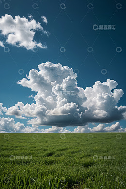 蓝天白云下的绿色草原景观