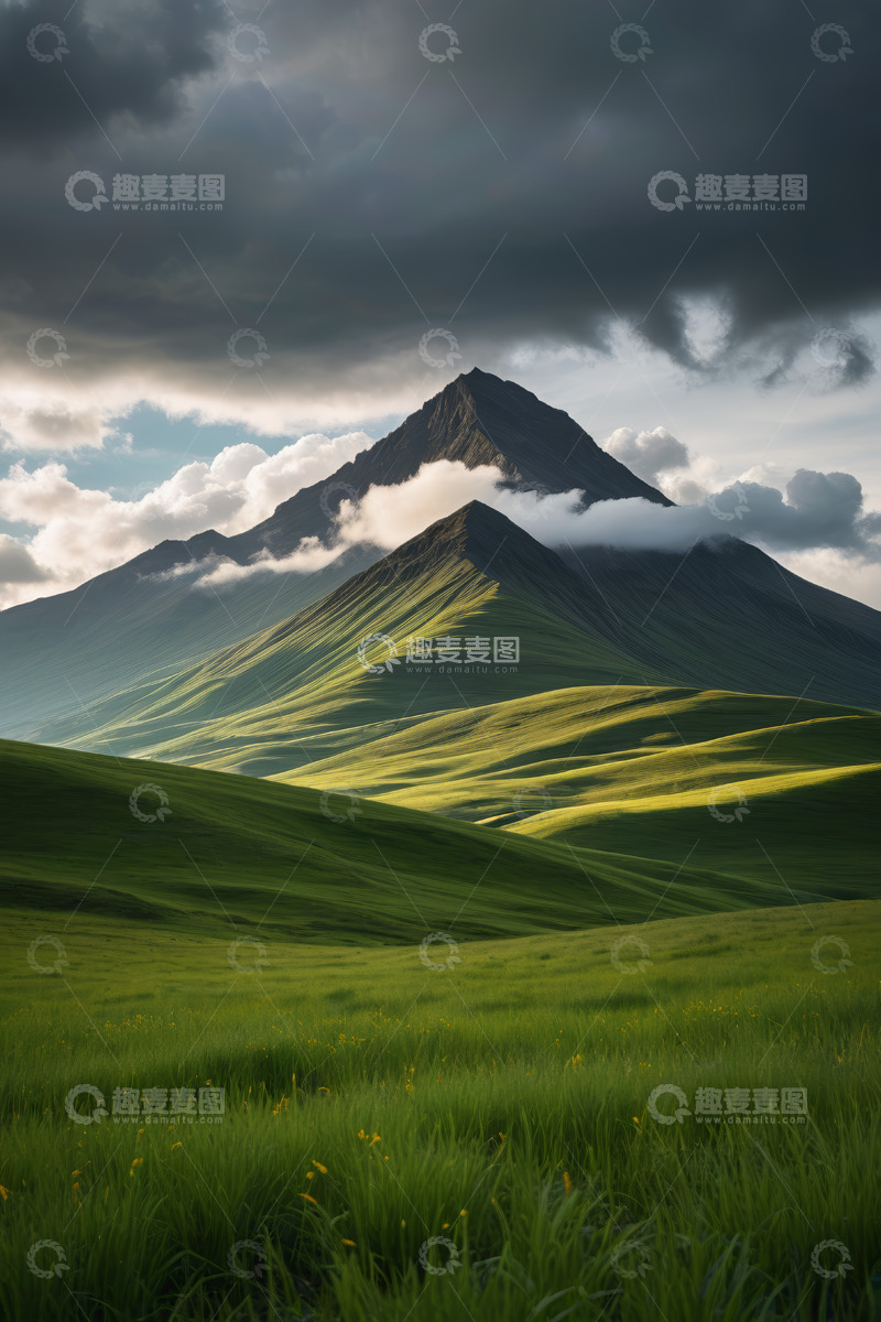 高清大图下载【趣麦麦图】高山下的绿色草原风景