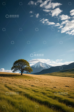 草原孤树与远处雪山风景