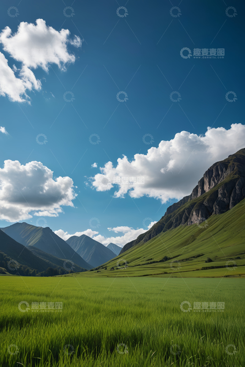 高清大图下载【趣麦麦图】蓝天白云下的山间草原风光