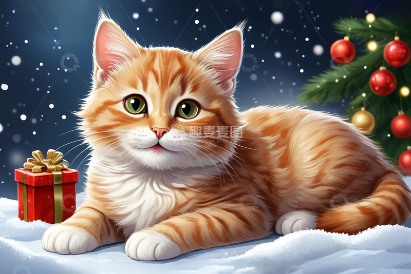 高清大图下载【趣麦麦图】圣诞节雪地中的可爱小猫