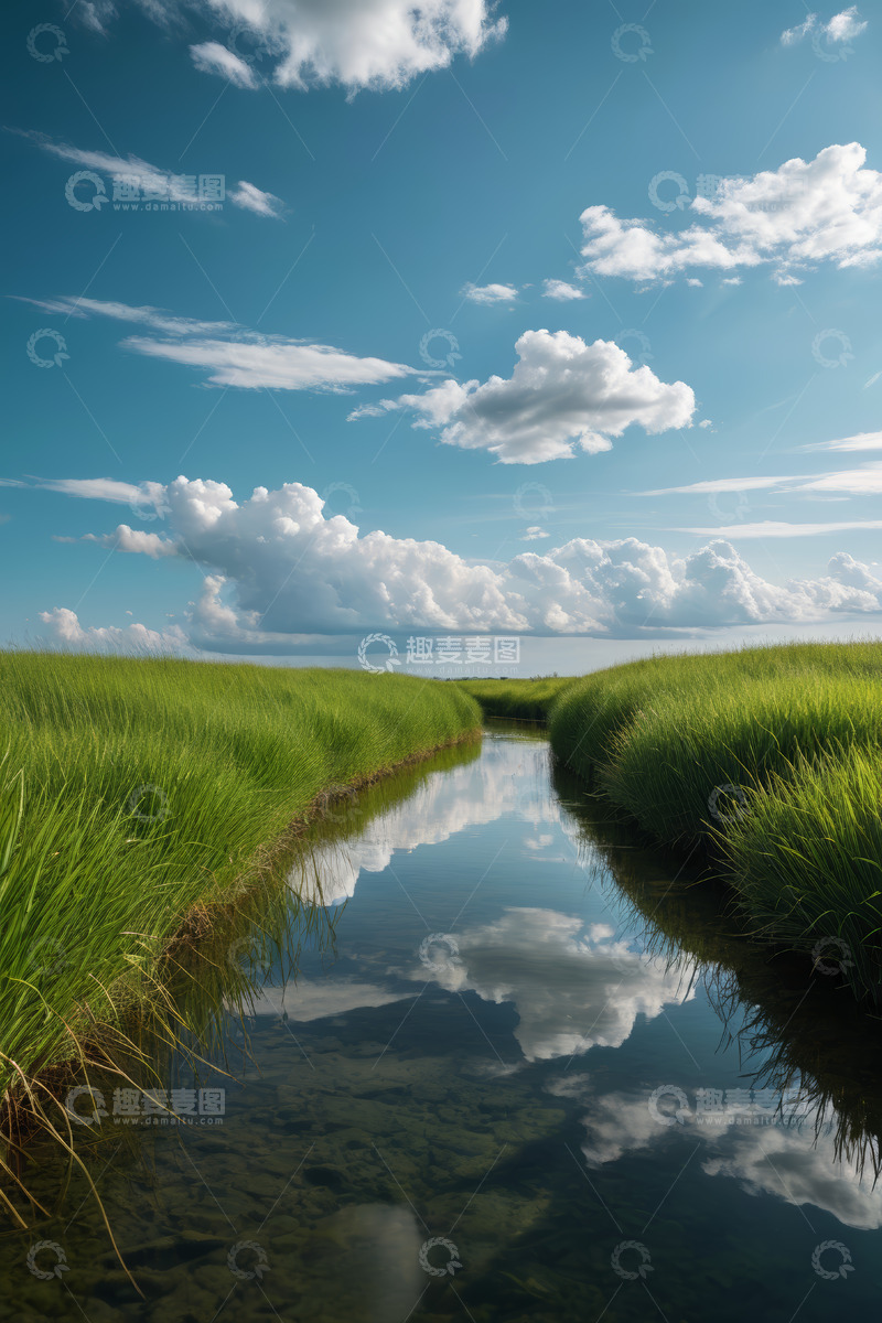高清大图下载【趣麦麦图】蓝天白云下的草地溪流景观