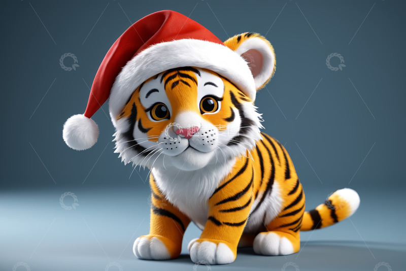 高清大图下载【趣麦麦图】戴圣诞帽的卡通小老虎