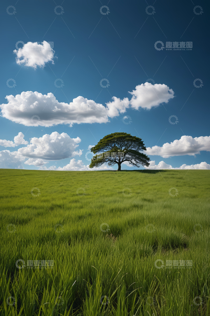 高清大图下载【趣麦麦图】绿草地中一棵孤树与蓝天白云