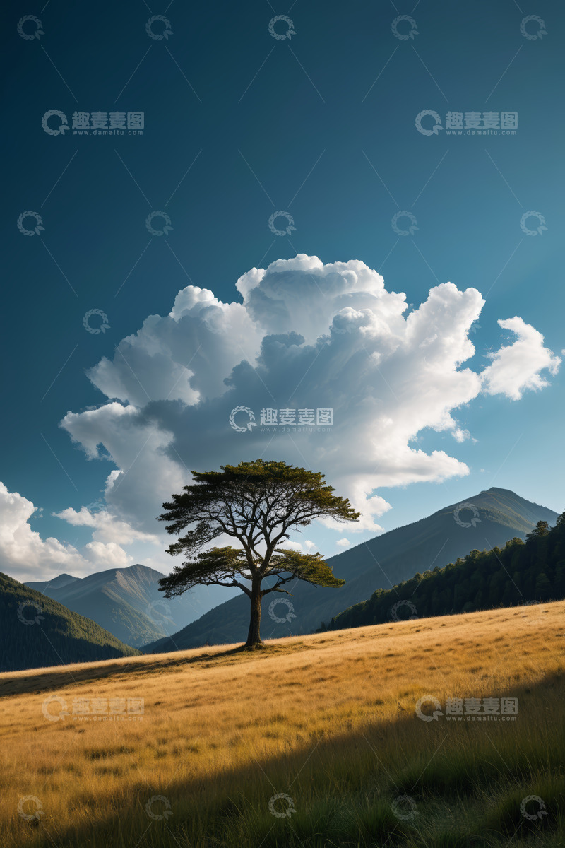 高清大图下载【趣麦麦图】草原孤树与远山蓝天白云景观