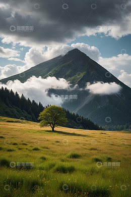 山间草地孤树自然风光