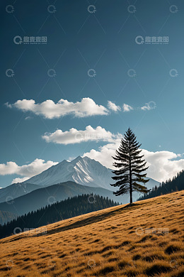 高山草甸单棵松树自然风光
