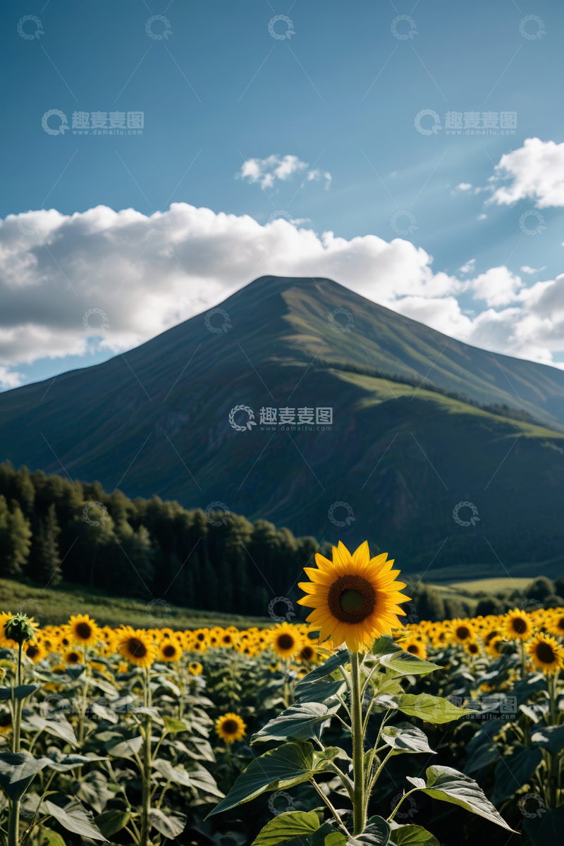 高清大图下载【趣麦麦图】户外向日葵田与远山风景