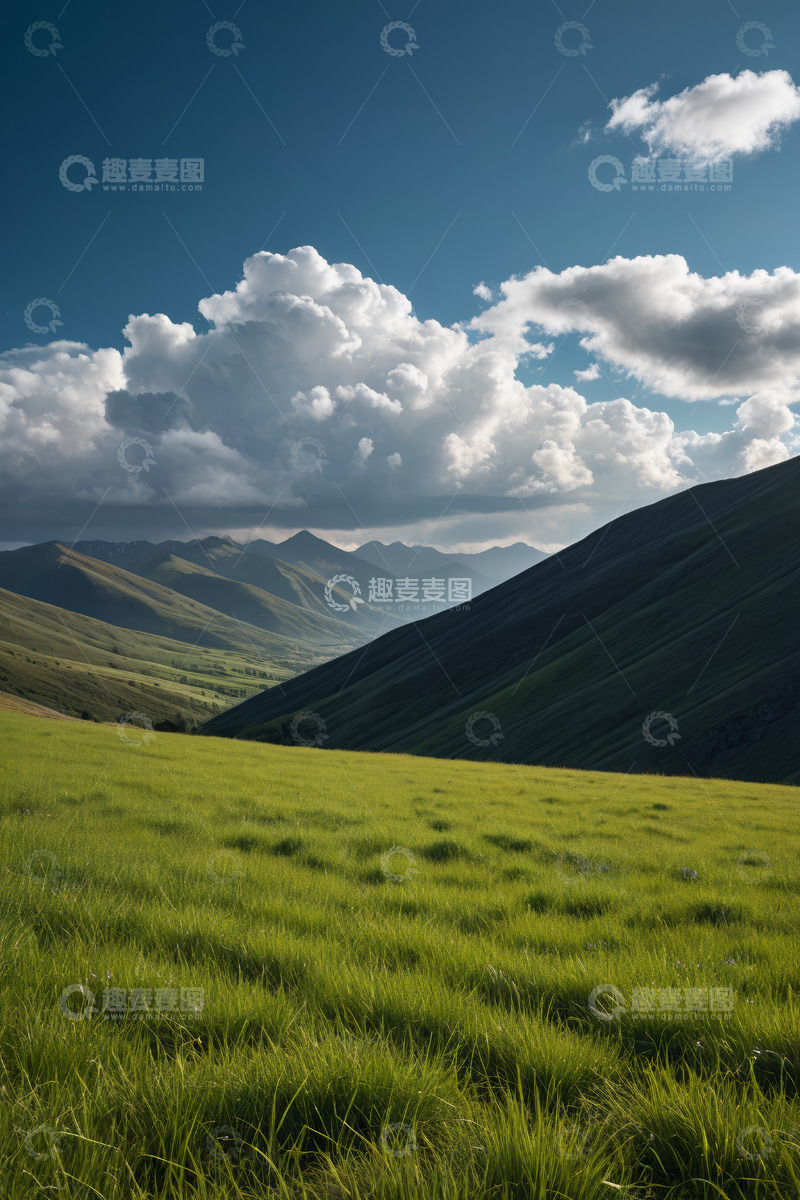 高清大图下载【趣麦麦图】蓝天白云下的草原与远山风景