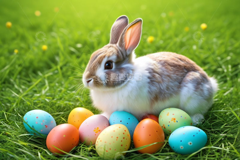 高清大图下载【趣麦麦图】草地上复活节兔子与彩蛋