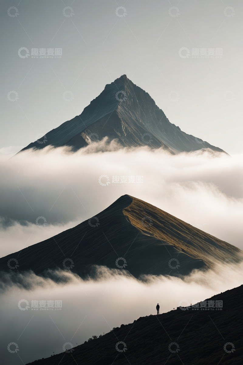 高清大图下载【趣麦麦图】人在云海环绕的山间独立景象