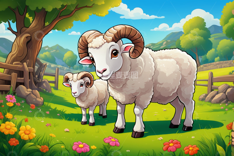 高清大图下载【趣麦麦图】田园草地的两只羊