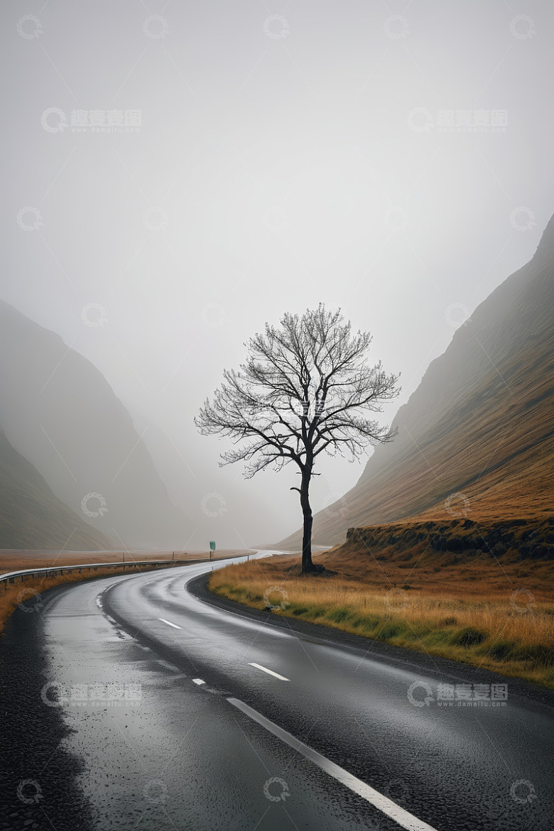 雾中公路旁的孤独树木