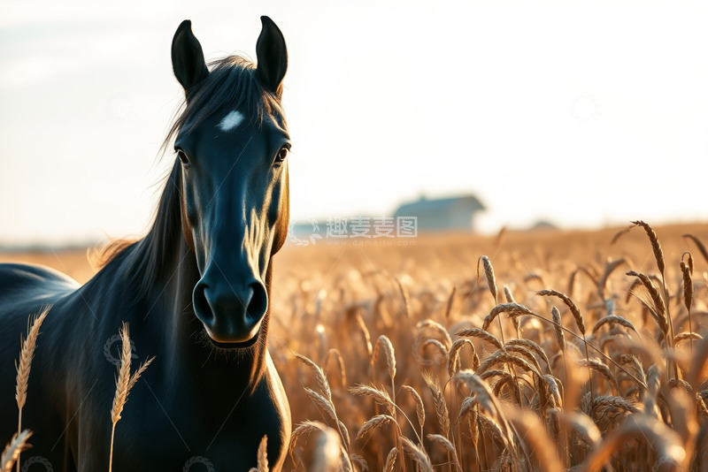 高清大图下载【趣麦麦图】麦田中站立的黑马