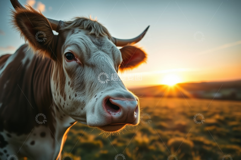 高清大图下载【趣麦麦图】夕阳下田野中的奶牛特写