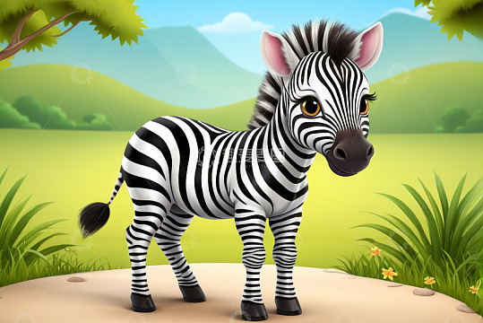 卡通斑马站立于户外自然场景