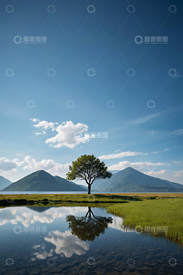 草原湖泊边单棵树木自然风光