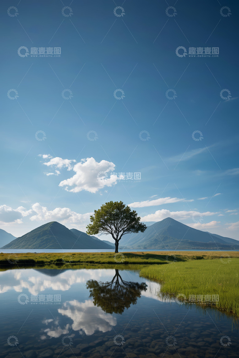 草原湖泊边单棵树木自然风光