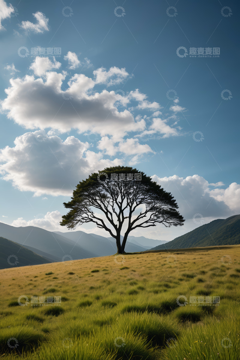 高清大图下载【趣麦麦图】草原上的孤树与蓝天白云景观