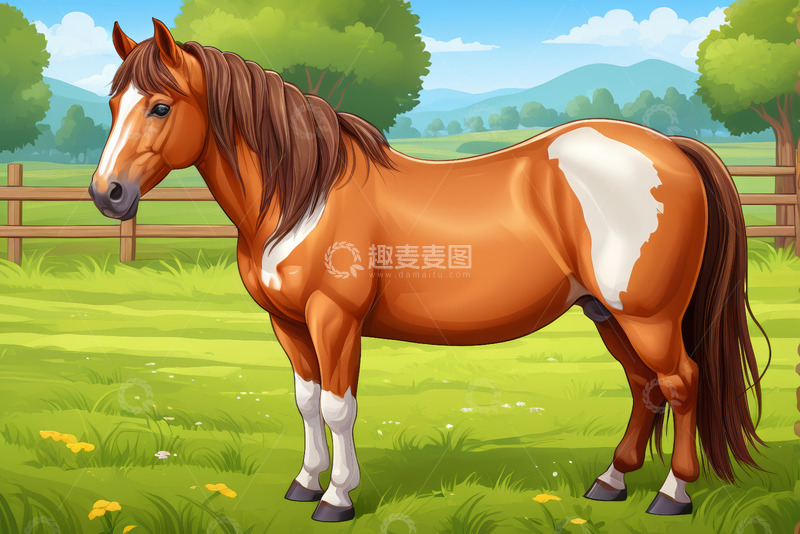 高清大图下载【趣麦麦图】田野中的棕白相间马