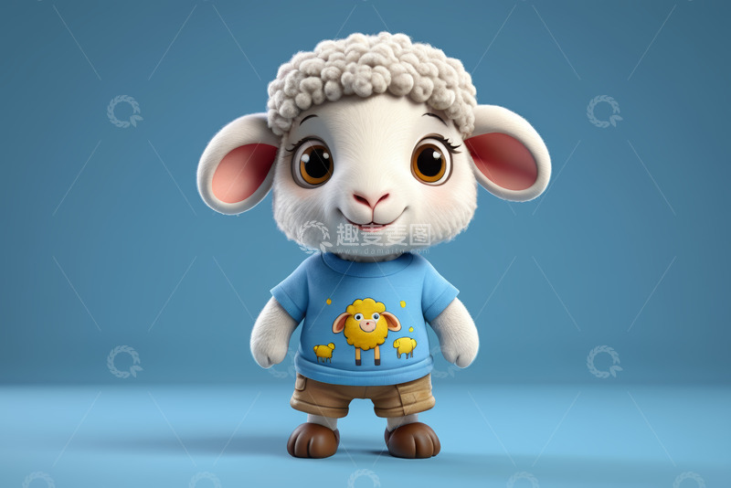 高清大图下载【趣麦麦图】卡通绵羊角色穿着蓝色T恤